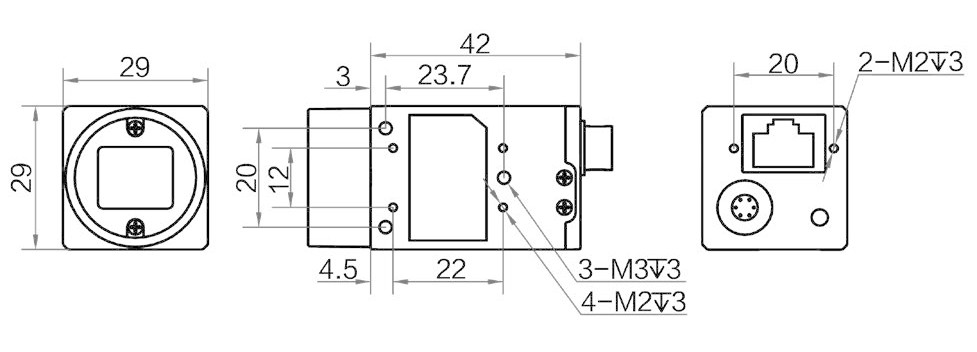Геометрические размеры камеры серии CA GIGE (Тип А)