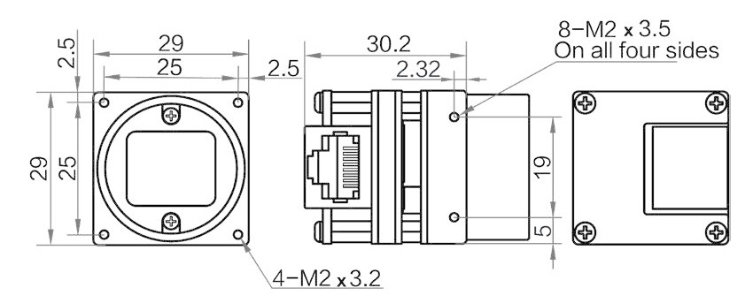 Геометрические размеры камеры серии CB GigE (Тип А)