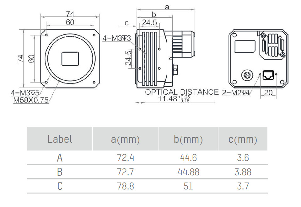 Геометрические размеры камеры серии CH 10GigE (Тип А, B, C)