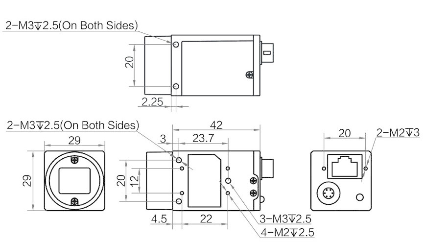 Геометрические размеры камеры серии CH GIGE (Тип B)