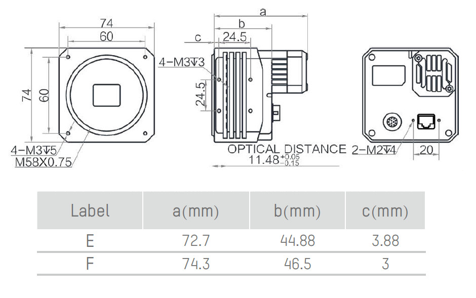 Геометрические размеры камеры серии CH GIGE (Тип E, F)